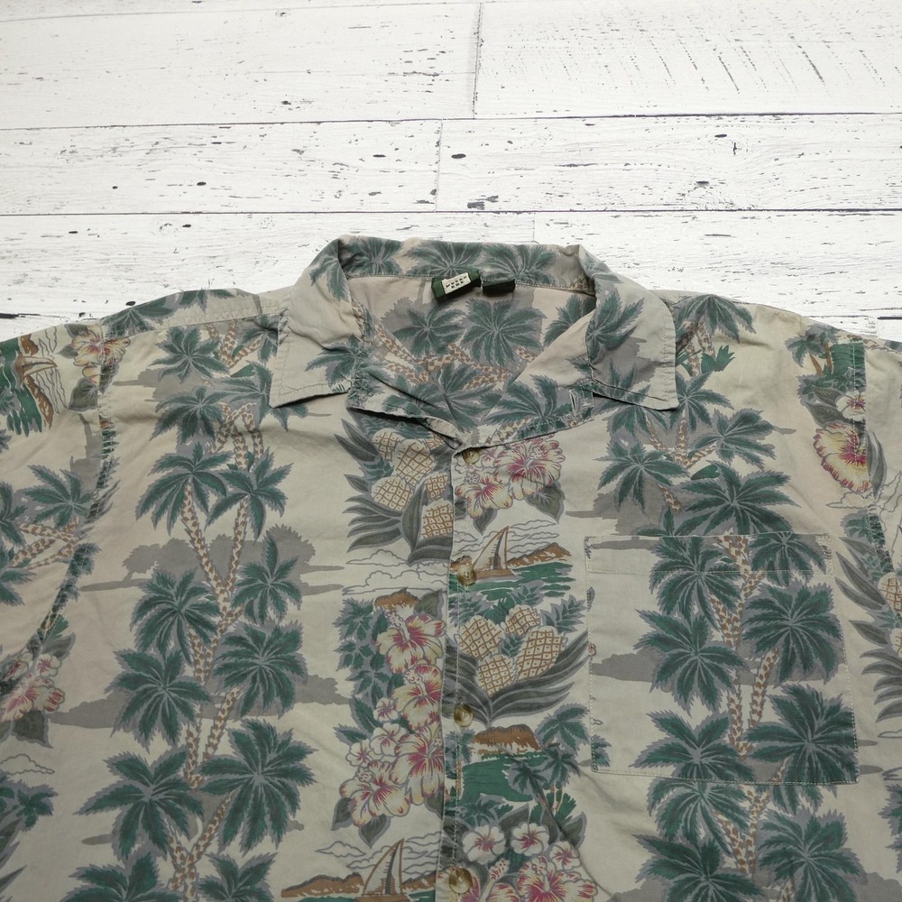 Metro One Hawaiian Shirt Mens XL Beige Palm Tree Cotton Aloha Beach Casual Print - Picture 2 of 7